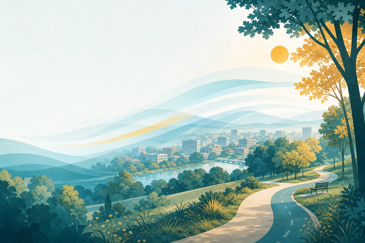 Editorial illustration of a calm city, park, and atmospheric layers in teal and amber
